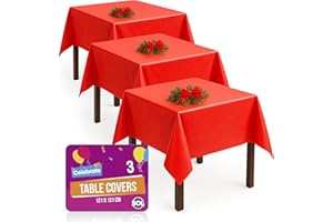 SOL 3pk Red Table Cloths Disposable 121x121cm Durable Plastic Cover For Christmas Chinese New Year Birthday Parties, Romantic Valentines, Weddings, Easter, Festive Sporting Events, Indoor or Outdoor