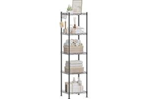 SONGMICS Étagère Salle de Bain, Étagère d’Angle en Métal, Capacité 100 kg, 5 Planches en Plastique, Crochets, 30 x 30 x 123,5 cm, Extensible, Petit Espace, Noir et Simi-Transparent LGR23BK
