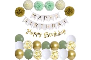 Ohighing Happy Birthday Weiß Gold Geburtstag Party Deko Set Geburtstag Girlande Luftballons Grün Gold Ballons 6 Pompoms Geburtstagsdeko Mädchen