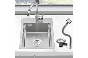 ROVOGO Edelstahl 304 Spülbecken Klein 40 x 34 cm, Einbauspüle mit Ablaufgarnitur inkl. Siebkorbventil und Abtropf-Überlauf, Küchenspüle mit Loch für Armatur, Gebürstet Spüle Küche Rechteckig