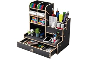 HGGZEG Organizador de escritorio de madera para escritorio DIY organizador de escritorio, gran capacidad, caja de almacenamiento de papelería con cajón para el hogar, la oficina y la escuela (B17 negro)