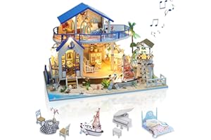 GuDoQi DIY Hölzernes Puppenhaus Kit, Miniatur Puppenhaus mit Möbeln und Musik, Handgefertigte Mini Haus Kit, Blue Sea Legende