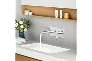 ROVOGO Wall Mounted Basin Mixer Tap with Escutcheon & Concealed Stainless Steel Body 304 for Bath or Tub, 2-Hole Bathroom Basin Tap with 360° Rotatable Spout, Single Lever Bathroom Sink Faucet Chrome