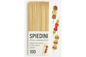VIDOELETTRONICA Set 100 Spiedini in Legno 25 cm x 3 mm – Bastoncini Lunghi per Carne, Frutta, Dolci, Panini, Barbecue e Finger Food – Naturali, Resistenti, Monouso, Eco-Friendly (100)