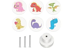 ShipeeKin 6x Pomelli in Legno per Armadi e Cassetti, Manopole Bianche da 35 mm con Design Dinosauro per Camera dei Bambini, Maniglie Rotonde Carine