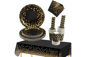 TOPWAYS Czarno-złote dekoracje urodzinowe, zestaw zastawy stołowej, jednorazowe papierowe talerze imprezowe, kubki, serwetki, obrus na dekoracje urodzinowe, wesela, piknik, rocznicę (16 gości)