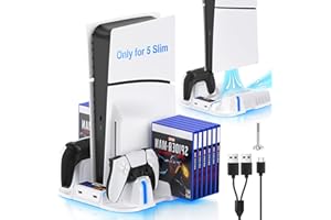Nepagz Ladeständer für PS5 Slim(Disc/Digital Edition), Lüfter und PS5 Controller Ladestation, PS5 Slim Multifunktionaler Vertikaler Ständer mit Headset-Ständer und Aufbewahrung für Discs, Schwarz
