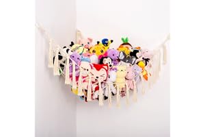 Hamac à Peluches Mural - Filet De Rangement Jouets Pour Coin Chambre - Taille Extensible Jusqu'à 150x100cm - Pompons Décoratifs, Installation Facile