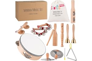 STOIE'S Instruments de Musique en Bois Stoie’s pour Enfants 3 à 9 Ans : Tambour, flûte, grelots, cymbales, castagnettes, Triangle. Montessori, Sons clairs, Prise sûre, Sac Coton Inclus