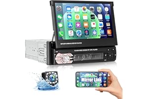 CAMECHO Bluetooth 1 DIN Pantalla Extensible motorizada, Radio de Coche con Pantalla de 7 Pulgadas Cámara de Marcha atrás Radio de Coche con Pantalla táctil abatible con BT/AUX/USB/TF/Mirror Link