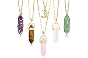 JeryWe 5 pièces Collier Pendentif en Cristal Pierre de guérison Naturelle améthyste Collier de Pierres précieuses de Quartz Rose pour Les Femmes