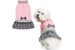 PAWCHIE Dog Jumper Dress with Bowtie - Dog Turtleneck Pullover Knitwear for Small Dogs Girls Cold Weather Jumper with Leash Hole, Suitable for Small Medium Dogs Puppies