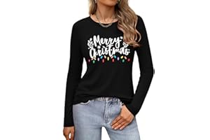 Gyabnw Merry Christmas Tops for Women UK Family Xmas Tree Lights T Shirt Holiday Vacation Clothes Funny Printed Tee Gift