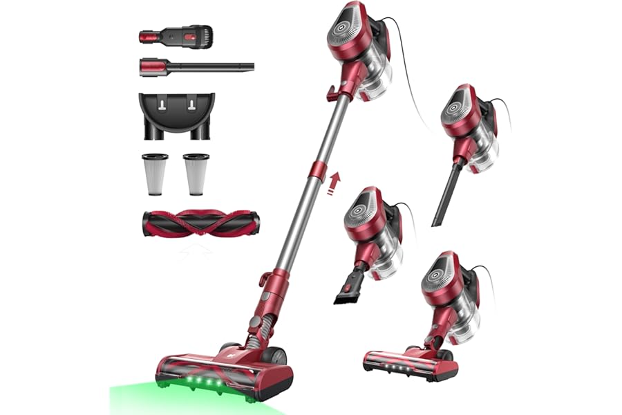 Vexilar Upgrade C8 Vacuum Cleaner with Wire 70KPa, LED 5 in 1 Vertical Vacuum Cleaner, Tangle-free, 7 m Cable, Ultra-Light, Electric Broom with Powerful Wire for Carpets/Floors/Pet Hair