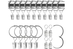 NVGVUP Metalowe pierścienie do zasłon z klipsami: 30 sztuk srebrnych klamerek do karnisza, okna, drzwi, zasłony prysznicowej, linka do prania, średnica wewnętrzna 32 mm