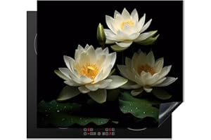 KitchenYeah© Cubre Vitrocerámica - Protector Vitroceramica Induccion 60x52 cm - Tapa Vitroceramica - Protector de Vitroceramica Loto - Flores - Blanco - Naturaleza - Negro