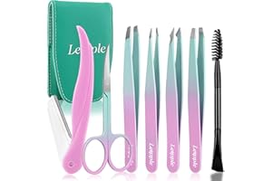 LEIPPLE Pinzetten Set 7Pcs für Frauen - Präzisions Pinzetten mit Reiseetui - Edelstahlpinzette für Augenbrauen mit Schere, Rasiermesser, Spiegel für Eingewachsene Haare (Rosa/Blau)