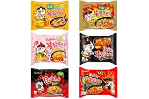 KOREAN MARKET Samyang - Ramen Coreano instantáneo Buldak de Queso, de Curry, Carbonara, Pollo Picante seco, Pollo picante con caldo y el 2x Doble picante (Pack de 6 uds.)