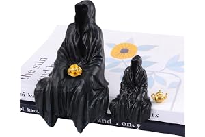URROMA 2 st dyster skördestaty, halloween sittande spökfigur håller tekopp svart rock skulptur gotisk bokhylla dekor för bord