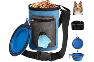 Tinyriz Torba na karmę dla psów, przenośna torba na przekąski z regulowanym paskiem, torba do treningu psa, wodoszczelna torba na smakołyki dla zwierząt domowych, torba na przekąski dla psów, ze składaną silikonową miseczką na wodę