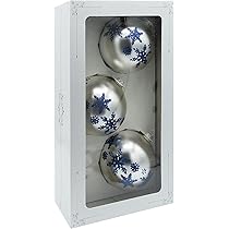 3 Palline Natale Vetro 10cm Dipinte A Mano - Decorazione Invernale Con Fiocchi Neve | Argento E Blu