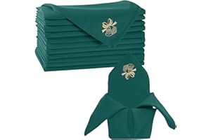 Trimming Shop Green Christmas Table Napkin Set with Festive Jingle Bell Embroidery - Spun Polyester, 20x20 Inch Stain-Resistant Reusable Table Napkin Serviette for Holiday Décor & Parties (6pcs)