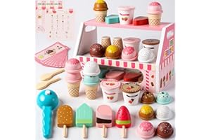 Lovchil Heladería de Madera Juguete para Niños, Cocinita Infantil, Alimentos de Juguete, Juguetes Montessori, Utensilios Cocina Juguete, Regalo para Niños y Niñas de 3 Anos y Más