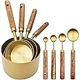 Zalaxt Gold Measuring Cups and Spoons Set,8 Pcs Gold Measuring Cups with Wooden Handle, Metal Measuring Cups and Metal Measuring Spoons Set for Kitchen