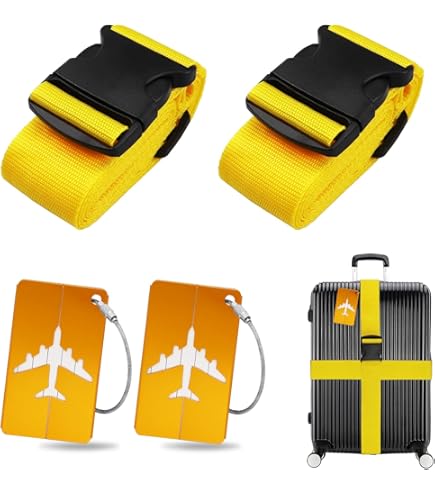 Set van 2 kofferriemen met 2 stuks bagagelabels, kofferband, riem, gepersonaliseerde identificatie voor snel herkennen, bagage reistas Set van 2 kofferriemen met 2 stuks bagagelabels, kofferband, riem, gepersonaliseerde identificatie voor snel herkennen, bagage reistas