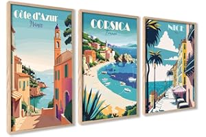 ag.art deco Affiche Decoration Murale con Cadre 50x70 cm | Affiche Murale con Cadre en Bois | Poster Mural pour Salon et Chambre à Coucher | Lot de 3 Tableaux (Côte d'Azur)