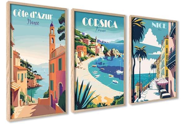ag.art deco Affiche Decoration Murale 30x40 cm | Affiche Murale pour Salon et Chambre à Coucher | Poster Mural Sans Cadre | Lot de 3 Tableaux (Côte d'Azur)
