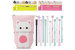 Hocadrv Set di Cancelleria di Kawaii Gatto Carino di Cartoon, 1 Astuccio Kawaii Telescopica, 12 Penne a Inchiostro Gel Nero con Design di Gatti Colorati da 0,5 mm, 240 Note Indice