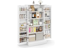 GOPLUS Armario de Cocina, Mueble Auxiliar Cocina con 2 Puertas y 17 Estantes, Armario Despensa Cocina con Protección Basculante para Comedor, Sala de Estar (Blanco)