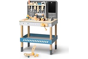 ROBUD Stół warsztatowy dla dzieci z drewna z narzędziami i akcesoriami, zestaw narzędzi do zabawy, prezent dla dzieci w wieku od 3, 4, 5, 6 lat i starszych