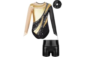 ranrann Enfant Fille Justaucorps Gymnastique Strass avec Short Ensemble Danse Gym Tenue Costume Spectacle 3-16 Ans