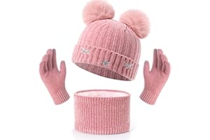 BAYNETIN D'hiver Bonnets, écharpes, Gants Tactiles, Pour écran Tactile Pour Garçons et filles de 3 à 10 Ans, Lot de 3 Doublure en Polaire Chaude-Pompons-Bonnet-Gants Tactiles et écharpe