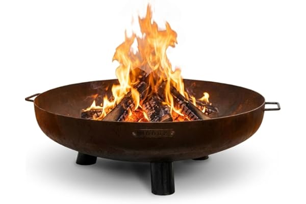 Moodz Brasero 80 Feet & Handle cm en Acier Corten – Bol à Feu Extérieur pour Le Jardin – Brasero de Terrasse avec Grille de Cuisson Optionnelle – 80x80x23.5 cm