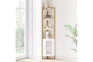 HOCSOK Étagère d'angle à 6 Niveaux, 181cm Etagere Rangement avec Armoire à Porte et Étagères Ouvertes, Bibliothèque du Coin pour Salon, Chambre, Bureau, Cuisine, Blanche et Doré