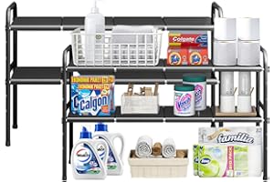 Mointal 2 Paquete Estante Expandible Bajo Fregadero, Repisa de 2 Niveles para Cocina y Baño, Organizador Bajo Fregadero, Soporte para Zapatos con 8 Paneles Removibles, Largo/Altura Ajustable, Negro