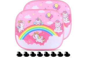 KUDMWCC 2 Stück Auto Sonnenschutz,44x35cm Sonnenschutz Auto Baby Kinder,Sonnenschutz für Auto mit UV Schutz,Pink-Einhorn Motiv,mit 8 Saugnäpfen