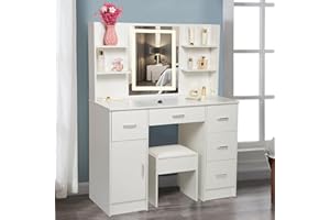 Caulitar Large Dressing Table with LED Lights and Mirror, Adjustable Brightness, Vanity Makeup Desk with 4 Shelves, 5 Drawers, 1 Stool for Bedroom, Modern, White, 40x100x140 cm