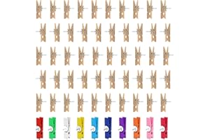 BEIIEB 60pcs pushpins with wood clips, 50pcs wood color clips, 10pcs color clips with pushpins for display wall, pin and clip photos, suitable for office and school, can also be used for home display