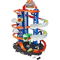 Hot Wheels City Super Dino Robot Garage avec T-Rex, pour contenir jusqu’à 100 petites voitures, plusieurs étages et modes de 
