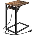 HOOBRO C Shaped Side Table, Sofa Table with Charging Station, Laptop Tables for Sofa, 2 USB Ports 2 AC Outlets, Narrow Bedside Table with Power, Living Room, Bedroom, Rustic Brown and Black EBF07KSF01
