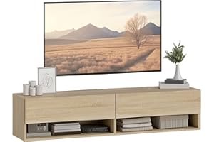 HOMCOM Mueble de TV Suspendido, Mueble de TV para Salón con 2 Cajones Abatibles, 2 Estantes Abiertos, Gestión de Cables, Estilo Moderno, para Televisión 60 Pulgadas, 140x32x31 cm, Madera Natural