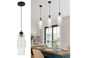 FORCOSO Glass Pendant Light - Industrial Pendant Light Fitting with Striped Clear Glass Lampshade, Adjustable Height Ceiling Hanging Lights for Kitchen Island Living Room Bedroom Table Hallway (ø12CM)