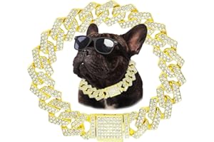 HOTLION Gold Dog Chain, Diamond Cuba Link Dog Collar Metal Dog Necklace Cat Chains Pet Crystal Collars Jewelry for Small Medium Large Dogs Cats, 14-inch