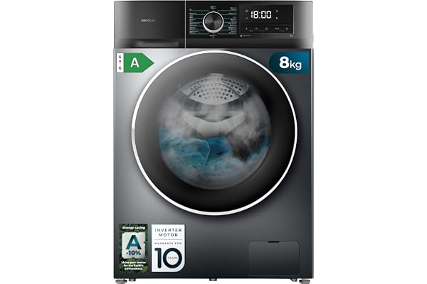 Cecotec Lave-linge 8 Kg Chargement Frontal Bolero Dresscode 8500 Inverter Steel A. 1900 W, 1400 rpm, Moteur Inverter Plus, Basse Consommation, 16 Programmes, SteamMax, Delay Start, Acier