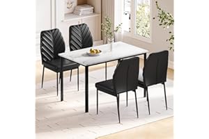 HELLO-5IVE Dining Table and Chairs Set of 4, Modern Dining Table Set Kitchen Furniture, Marble Effect Dining Table with 4 PU Dining Chairs, 120x70cm Dining Room Set for Home (White&Black Leaf Pattern Chairs)