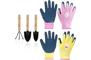 Mulaibdin 2 Paia Guanti Giardinaggio Bambini, Guanti da Lavoro per Bambini con 3 Attrezzi Giardinaggio Mini, Guanti Lavoro Bambino Lattice, Guanti da Giardinaggio Ragazze & Ragazzi (3-7 Anni A)